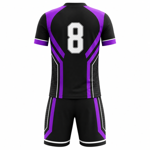 Ensemble maillot et short de football pour homme, noir et violet, col en V, sublimé, anti-humidité, 100 % polyester, taille élastique, numéro 8 - Product Image 2