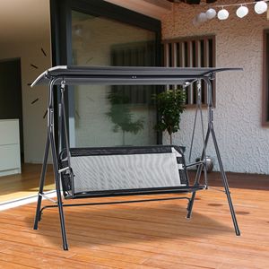 Giardino # # # # Sedia a dondolo da veranda a 2 posti con tettuccio regolabile, braccioli, tessuto Texeline, telaio in acciaio, per esterni, nera - Product Image 2