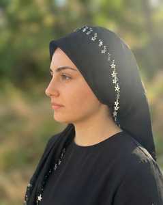 Handmade Stretchable <b>Black</b> Silk Square <b>Scarf</b> Gold Coin Trim Blue Beads Women's Headwear Polyester Embroidery Cross-stitching - Product Image 1