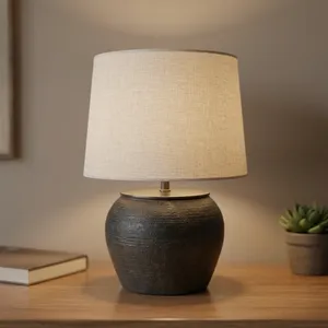Lampe de table en argile artisanale moderne Madera avec abat-jour en tissu naturel, éclairage rustique écologique pour Diwali, salon, chambre à coucher - Product Image 3