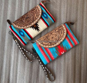 Handmade Aztec Tooled Leather <b>Clutch</b> Stylish Women Saddle Blanket Leather Wallets High Quality Tooled Leather <b>Wristlet</b> <b>Clutch</b> - Product Image 2