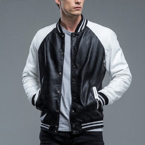 <b>Men's</b> <b>White</b> PU Windproof Varsity <b>Jacket</b> Regular Fit Stand Collar Single Button Closure Front Logo Autumn Casual Wear - Product Image 4