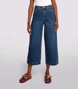 Jean en denim délavé taille haute à jambe large pour femme grande taille, longueur mollet, style décontracté, 100 % coton, fermeture boutonnée - Product Image 4