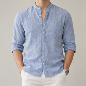 <b>Mens</b> 100% Cotton Linen-Style Casual <b>Shirt</b> Long Sleeve Stand Collar Solid Single Button ODM <b>Shirt</b> for <b>Summer</b> Wear Anti-shrink - Product Image 1