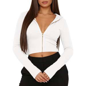 Premium OEM ODM Women's <b>White</b> Knitted Hooded <b>Crop</b> <b>Top</b> Full <b>Sleeve</b> Zip-Up Solid Color Autumn Wear Breathable <b>Long</b> <b>Sleeve</b> Sweater - Product Image 4