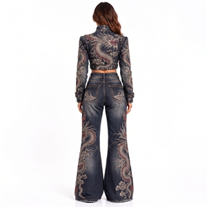 Conjunto de Dos Piezas de Mezclilla Azul Oscuro con Bordado de Dragón para Mujer, Chaqueta Corta y Pantalones Anchos, Ropa Urbana Vintage de Lujo - Product Image 2
