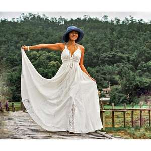 Robe longue blanche bohème pour femme, col halter, empiècements en dentelle, lavable, idéale pour l'été, la plage et les vacances - Product Image 2