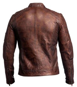 เสื้อแจ็คเก็ตหนังสีน้ำตาลสไตล์คาเฟ่เรเซอร์สำหรับผู้ชายแบบดิสเทรส - Product Image 3