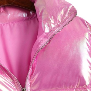 Warn Winter Custom Embroidery Logo Metallic <b>Pink</b> Women Crop Puffer <b>Jacket</b> Stand Collar High Quality Women Zipper Bomber Coat - Product Image 6