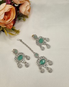 Designer Rhodium Plated Oval Cut CZ Stone Necklace <b>Set</b> With Earrings & Mangtika For Women Ethnic Fashion <b>Jewellery</b> <b>Set</b> Wholesale - Product Image 3