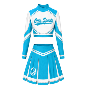 Light Blue <b>White</b> Sublimated Cheer <b>Long</b> Sleeve Uniform Set Pleated <b>Skirt</b> Team Sportswear Athletic Training Practice Performance - Product Image 2
