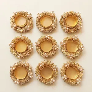 Round Gold <b>Tea</b> <b>Light</b> <b>Holder</b> with Pearl and Floral Design for Wedding Home Decoration Pearl Decorative Candle Stand Tealight - Product Image 1