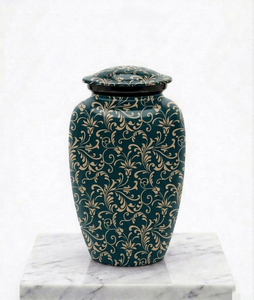 European Style Cremation Urn for Adult with Gold Floral Pattern on Teal Background Customizable Design - Product Image 1