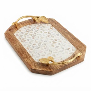 Bandeja Redonda de Madera con Incrustaciones de Madreperla y Asas de Latón Dorado, Bandeja Decorativa de Lujo con Mosaico de Conchas para Mesa de Centro - Product Image 5