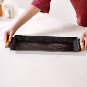 Metal <b>Black</b> Textured Serving Tray Features Wooden Handles On Both Ends Creating A Stunning Accent Piece For Home Decoration - Product Image 5