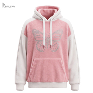 Custom Heavyweight Cotton Fleece <b>Hoodie</b> Unisex <b>Pink</b> White Rhinestone Butterfly Pullover <b>Hoodie</b> Kangaroo Pocket - Product Image 1