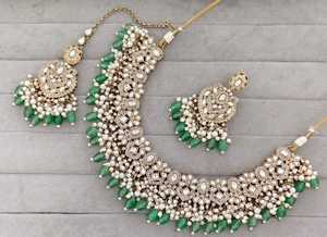 Indian Traditional Antique Gold Plated Kundan Choker Necklace <b>Set</b> Sea Green Mint Gemstone Bead Bridal Jewelry <b>Set</b> with Earrings - Product Image 1