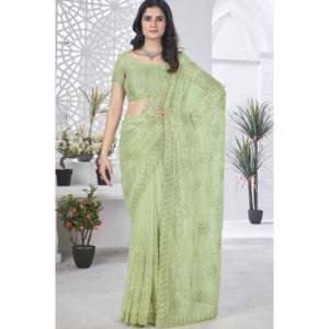 Saree DE TRABAJO DE Bordado de hilo multicolor de diseñador para ropa de fiesta en un elegante vestido de carrera - Product Image 3