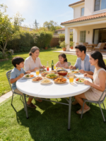 Muebles de Exterior XY para Restaurante, Juego de Mesa Redonda Plegable con Superficie de Plástico Blanco