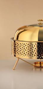 Elegant Gold Plated <b>Buffet</b> <b>Food</b> <b>Warmer</b> Server Round Chafing Dish with Hollow Pattern Frame for Banquet Party Event Catering - Product Image 6