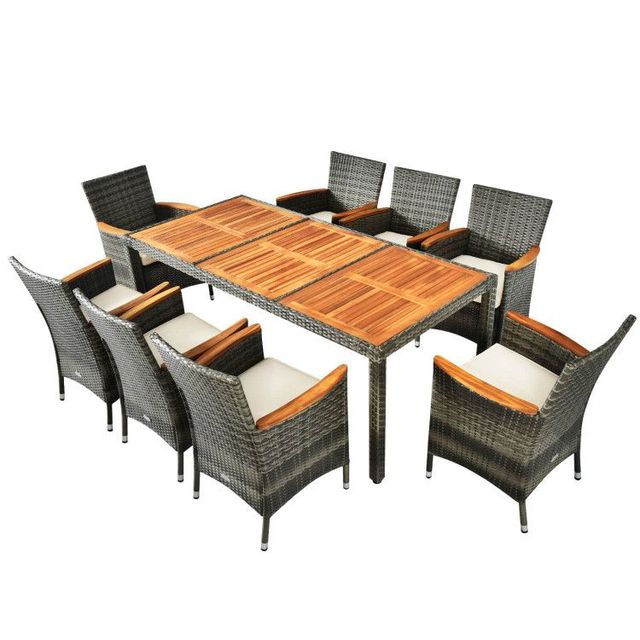 9 Piece Rattan Patio Dining Set with Acacia Wood Table and Cushioned Chair for Garden Use