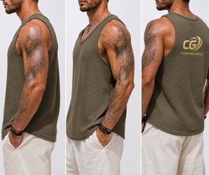 Camiseta sin mangas de punto gofrado dorada para hombre, con logo personalizado, ropa deportiva informal, fabricante OEM - Product Image 4