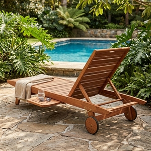 Chaise longue d'extérieur Prima en teck massif, finition naturelle, design moderne, plateau coulissant, dossier réglable, sans coussins, pour villa - Product Image 5