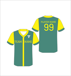 Camiseta de béisbol unisex personalizada, verde y amarilla, con estampado sublimado, nombre del equipo, número, absorción de humedad, manga corta, corte regular - Product Image 1