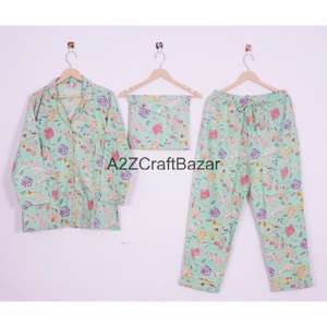 Ensemble de pyjama court pour femme à motif floral imprimé, 100% coton pur, doux, respirant, séchage rapide, avec cordon de serrage - Product Image 1