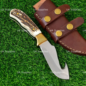 Couteau de chasse et de camping professionnel à lame fixe en acier inoxydable forgé à la main, qualité industrielle 58 HRC, avec crochet à viande et manche en corne de cerf, ODM - Product Image 6