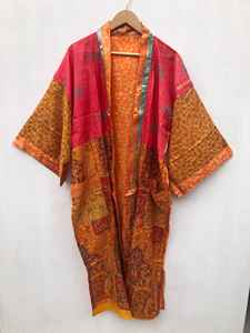 Robe Kimono en Soie Faite Main Indienne, Imprimé Floral, Col en V, Fermeture à Cordon, Longue, Manches Longues, Douce, pour Plage et Soirées, Vente en Gros - Product Image 2