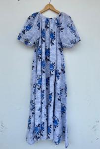 Women White Blue Floral Hand Block Printed Cotton <b>Maxi</b> <b>Dress</b> Tie Neck Puff Sleeve Loose A Line Boho Summer Vacation <b>Dress</b> - Product Image 5