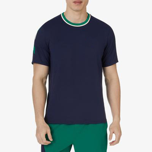 <b>Men's</b> Navy Blue Tennis T-<b>Shirt</b> Short Sleeve Crew Neck Moisture Wicking Polyester Solid Color Left Sleeve Logo - Product Image 1