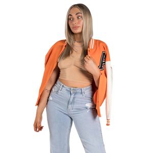 Parches bordados de chenilla de alta calidad de fabricante OEM, chaqueta universitaria de béisbol personalizada para mujer, Chaqueta larga de algodón satinado - Product Image 1