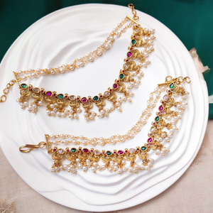 Peacock Pearl Diamond Ear Chain Set for Brides-Gold Plated Vintage Fine Jewelry - Product Image 2