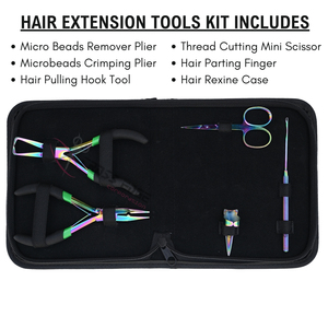 Kit d'outils pour extensions capillaires Salon Rainbow : Pince à micro-perles, Pince à sertir les micro-perles, Crochet à cheveux, Mini-ciseaux, Doigtier à cheveux - Product Image 2