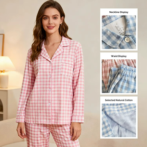 Ensemble de pyjama en coton à carreaux pour homme et femme, chemise et pantalon, manches longues, boutonné, vente en gros - Product Image 4
