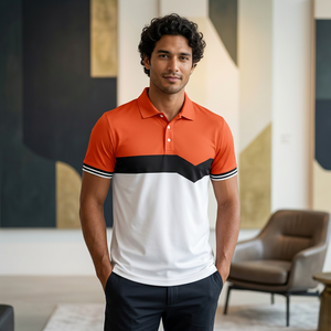Polo pour homme à manches courtes en tissu tissé, décontracté, blanc, orange, noir, avec boutons sur le devant - Product Image 6