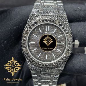 Montre mécanique de luxe glacée avec incrustations de moissanite, bracelet en acier inoxydable, cadran analogique argenté, lunette en cristal, montre-bracelet de soirée - Product Image 5