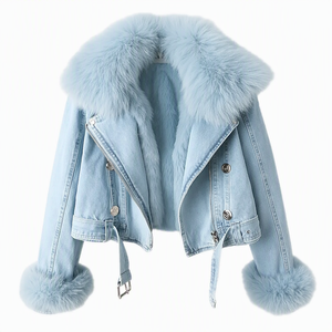 Blouson moto en jean crème pour femme avec col et poignets en fourrure de renard, manteau court d'hiver, fermeture éclair, coupe-vent, doublure épaisse en fausse fourrure - Product Image 4