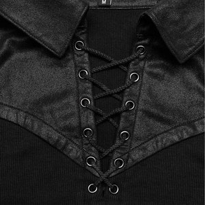 Black Stretch Knit Patchwork Taped Gothic Collar Shirt Front Eyelet String Punk Style Long Sleeved T-Shirt <b>for</b> <b>Men's</b> - Product Image 4