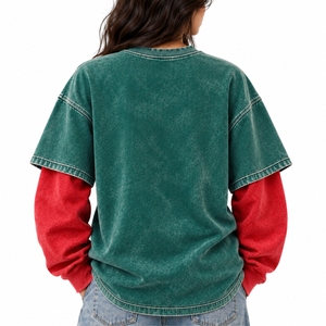 T-shirt double couche pour femme, style moderne à manches superposées, manches contrastées, col rond, coupe ample, imprimé graphique, 100% coton, toutes saisons - Product Image 2