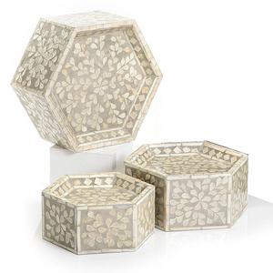 Splendide support à gâteau en nacre, ensemble de boîtes hexagonales peu profondes en coquillages floraux anthracite pour réceptions haut de gamme - Product Image 2