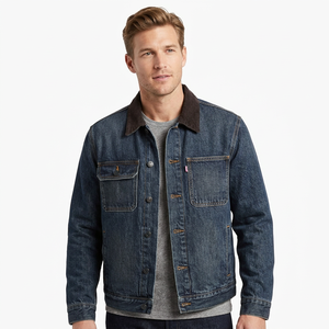 Blouson moto en jean délavé bleu foncé pour homme, col rabattu décontracté, boutons, grandes tailles, poches, finition de qualité, fabriqué au Bangladesh - Product Image 5