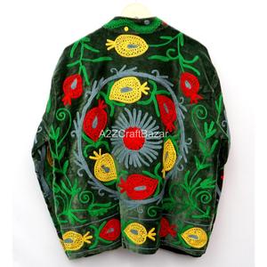 Green <b>Velvet</b> Embroidered Eco-Friendly Breathable Varsity Jacket Floral Pattern Mandarin Collar Button Closure Full <b>Women's</b> - Product Image 6