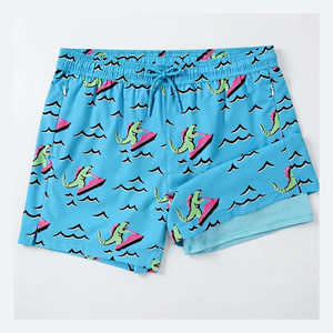 Shorts de bain 2-en-1 premium pour hommes avec ligne de compression, motif dinosaure amusant, logo personnalisé, vêtements de plage - Product Image 1