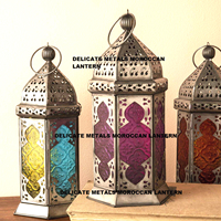 Lanterne marocaine en fer et verre, artisanale, portable, aux couleurs vives et aux formes géométriques, lampe de table décorative pour la maison, Noël, DL-002