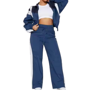 Ensemble survêtement coupe-vent personnalisé pour femme – Veste courte bicolore et pantalon large avec empiècements latéraux – Style sport streetwear – Commande en gros - Product Image 1