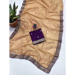 ผ้าไหมทอแบบดีไซเนอร์ ปักลายด้วยเทคนิค CODING และงานประดับด้วยเลื่อม สำหรับชุดส่าหรี พร้อมผ้าคลุมไหล่แบบยังไม่เย็บติด (UNSTITCHED BLOUSE) สีน้ำตาลชิคู - Product Image 1