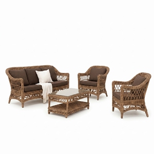 Conjunto de Sofás Cannes Mandola Kuboo en Ratán Gris con Tela Marrón, Mesa de Vidrio Estándar, Muebles de Patio de Estilo Resort Premium - Product Image 1